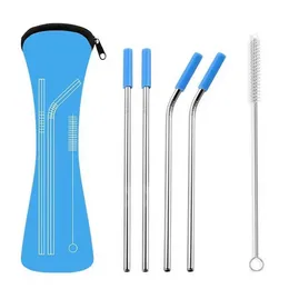 6pcs/set yeniden kullanılabilir paslanmaz çelik düz bükülmüş içme pipetler Sıcak soğuk içecek içecek bar araçları için silikon uçlu