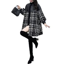 Women's Wool Blends Woolen Coat Autumn Winter Loose PU Stitching Tweed Plaid Mid-Length Casual Leather Jacket Outerwea 221123