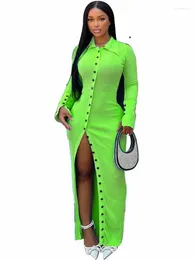 Casual Kleider Mode Pit Streifen Frauen Sexy Kleid Herbst Solide Revers Tasten Langarm Maxi Street Lady Vestidos Femme Robe