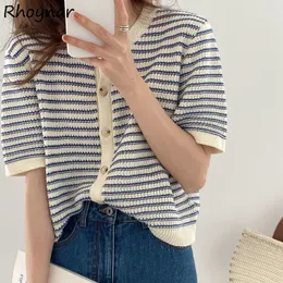 Women's Knits Tees Cardigan Women Summer Breathable Elegant Striped Trendy Single Breasted Short Sleeve Knitted Jumpers Female O-neck Tender BF 221123