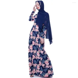 Abbigliamento etnico Maxi abito da donna a trapezio floreale con tasche manica lunga stampa verde colletto tondo abito Abaya musulmano casual islamico