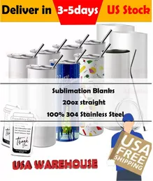 US Warehouse Sublimation Blanks Tumblers 20oz من الفولاذ المقاوم للصدأ مقاومًا مستقيمًا فارغًا أبيضًا أبيض مع أغطية وزجاجات هدية نقل حرارة القش SS1123