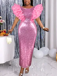 Party Dresses Women Pink Sequin Puff Ruffle Sleeve Bodycon Sparkly Elegant Club Birthday Wedding Night Robe Big Size 3XL 4XL 221123