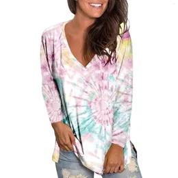 Women's T Shirts Women Casual Loose Shirt V Neck Colorful Tie Dye Printed Long Thermal Underwear Tops Sleeve Athletic