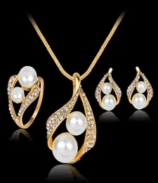 Nya Mellanöstern Pearls Crystals Gold Wedding Bride Jewelry Accessaries Set Four Pieces Crystal Leaves Design With Faux Pearls