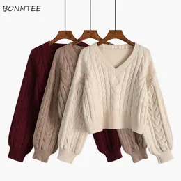 Women's Sweaters Women Lovely Pullover Fashion Clothes Twist Vintage V-Neck Solid All-match Fall Daily College Cropped Knitwear 221123
