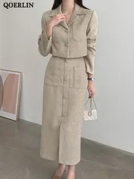 Two Piece Dress QOERLIN Elegant Tweed Two Piece Skirts and Blazer Suits Stylilsh Long Sleeve Short Jacket Coat High Waist Back Zipper Midi Skirt 221122