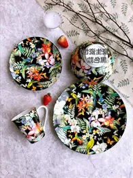 Zestawy naczyń obiadowych ślub świąteczne hiszpańskie ceramiczne zastawa stołowa zachodnie pomyślne kwiaty papugi ozdobne dania miski i filiżanki czarne