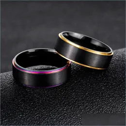 Bandringe Regenbogen Gold Seitenbürste Ring Band Schwarz Edelstahl Eheringe Modeschmuck Für Frauen Männer Geschenk Drop Lieferung Dhitq