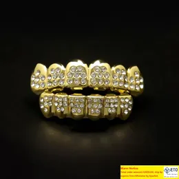 Złoty srebrny 8 diamentowych zębów Grillz Zestaw Bling Out Fałszywe grille dentystyczne dla kobiet mężczyzn Akcesoria biżuterii