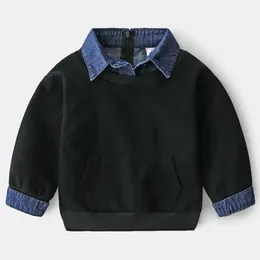 Kazak Bahar Sonbahar Tasarımı 2 3 4 5 6 7 8 9 10 12 yıl Çocuklar için Yaka Denim Patchwork Sweatshirt Boy Boy 221122