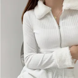 Women's Knits Tees TVVOVVIN Fashion Fur Collar Long Sleeve Slim Knitted Cardigan Solid Color Screw Thread Open Navel Zipper Sweater Khz3 221123
