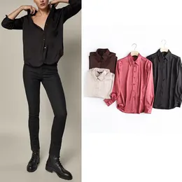 Women's Jumpsuits Rompers Za Fashion Women's Shirt Silk Office Lady Chic Blouse Long Sleeve Stain Turn Down Collar Button Shirts Elegant Mujer Tops 221123