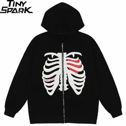 Men's Hoodies Sweatshirts Men Hip Hop Streetwear Hooded Jacket Sternum Skeleton Coat Harajuku Cotton Loose Spring Outwear Zipper Black 221122