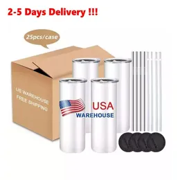 US Warehouse Sublimation Blanks Mugs 20oz Stainless Steel Straight Tumblers Blank white Tumbler with Lids and Straw Heat Transfer Cups Water Bottles
