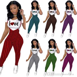 Designer Valentines Day Tracksuits Fashion Pattern Printed Short Sleeved T-shirt And Suspender Jumpsuit Two Piece Jogger Set Women Clothes