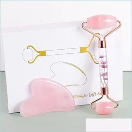 フェイスマッサージャー卸売フェイスローラーMasr Gua Sha Tool Gift Set Natural Rose Quartz Rollers Neck Eye Facial Lifting Health Care Mas D Dhahi