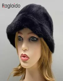 비니 천연 밍크 모피 버킷 모자 여성 겨울 우아한 세련된 스노우 캡 J2211109110323