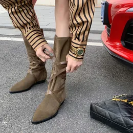 Boots Autumn Vintage Western Brand Design Classic Straps Laceup مدببة إصبع القدم من جلد الغزال الجلدي Midcalf Cowboy Long 221123