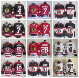 후퇴 시카고 레트로 블랙 호크스 하키 81 Marian Hossa Jersey 28 Steve Larmer 4 Bobby Orr 7 Chris Chelios 10 Patrick Sharp Vintage''nhl'''shirt