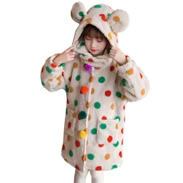 Coat Genç Kızlar Sevimli Renk Polka Nokta Baskı Katlar Sonbahar Yün Kürk Kapşonlu Ceketler Çocuk Moda Dış Giyim Kore Giyim 4 14yrs 221122