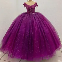 Grape fioletowa księżniczka quinceanera sukienki słodka dziewczyna frezowanie cekinowe 3d kwiaty formalne imprezowe sukienka wieczorowa vestidos de 15 anos