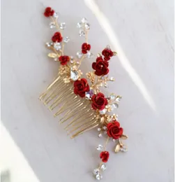 Jonnafe Red Rose Floral Headpiece for Women Prom Rhinestone Bridal Comb Accessoires Handmade bruiloft Haar sieraden1673352