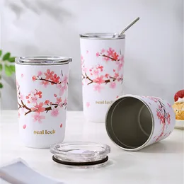 Canecas canecas de aço inoxidável caneca térmica de flores de aço com tampa de parede dupla de cafeteira de cerveja de água Viagem Camping Tea Tumbler Drinkware 221122