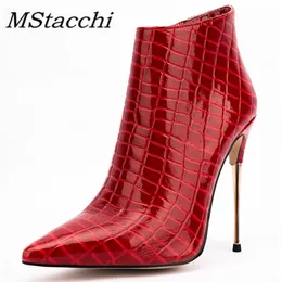 부츠 mstacchi 여자 패션 하이힐 발목 여자 뾰족한 발가락 지퍼 스톤 패턴 펌프 섹시 레이디 파티 신발 221122