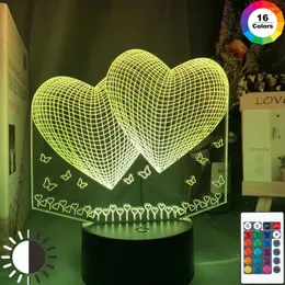 Nachtlichten Romantisch 3D Lamp Hart Hologram Acryl Laser grave nachtlampje voor volwassen slaapkamer decoratie sfeer LED -licht