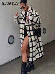 Wełniane mieszanki wełny faux jagnięce wełniane damskie płaszcz krucha długa zima żeńska kontrolna płaszcze gęste streetwear czarna dama ciepłe kurtki midi 221123