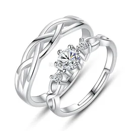 バンドリングウェーブ調整可能なダイヤモンドリングオープンシエカップルエンゲージメント結婚指輪