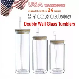 Estoque dos EUA 12 on￧as de 20 on￧as 20 on￧as canecas de sublima￧￣o clara de parede dupla glitter diy globo em branco lata com tampa de bambu copos de suco de cerveja copo wly935