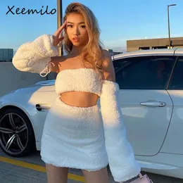 Two Piece Dress Xeemilo Y2K Solid Color Plush Outfits Sexy Cross Bandage Off Shoulder Crop Tops Mid Sleeves With Lowwaist Skinny Mini Skirt 221123