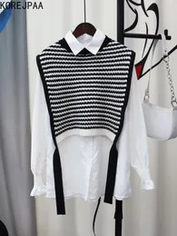 Tvådelad klänning korejpaa stickad wear casual vest kostym kvinnor randig rund hals tröja väst koreansk mode långärmad skjorta två stycken set elegant 221123