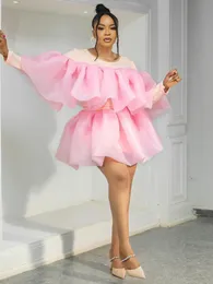 Party Dresses Chic Women Pink Puffy Ball Gown Prom Long Sleeve High Waist Ruffled Short Tulle Club Birthday Trendy Fall 221123