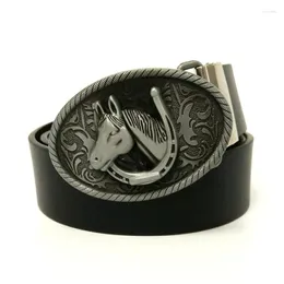 Cinture per uomo Jeans con ferro di cavallo stile occidentale Testa di cavallo Cowboy Fibbia per cintura in metallo ovale in pelle PU Designer Ceinture Cuir
