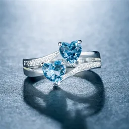 Diamentowe podwójne serce pierścionek z cyrkonią Cluster dwuwarstwowe kamienie szlachetne obrączki zaręczynowe dla kobiet dziewczyn Vanlentine's Gift