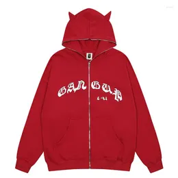 Men's Jackets Autumn Cotton Zipper Men Clothing Devil Horn Hat Design Letter Print Hooded Jacket Hip Hop Harajuku Coat Streetwear