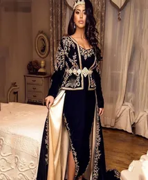 Mermaid Karakou Algerijnse avondjurken Sexy Side Slit Velvet Lange mouwen Outfit Applique Lace Chalka Promjurken Moslim Formele P9532433