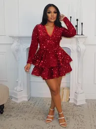 Short Mini Red Sequined Homecoming Dresses A-Line Tiered Glitter Prom Party Glows V-ringen L￥ng￤rmar Cocktail Special Tillf￤lle Wear 2023