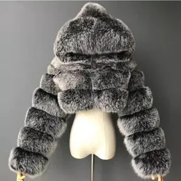 Damen-Pelzimitat, hochwertige, kurz geschnittene Mäntel und Jacken, flauschiger Deckmantel mit Kapuze, Winterjacke Manteau Femme 221123