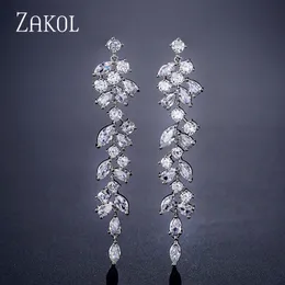 Moda de zircônia cúbica folha de folhas de brincos de queda para mulheres elegantes cz jóias de casamento de noiva longa de cristal