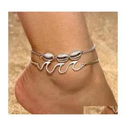 Anklets Retro Fashion Beach Surf Spray Alloy Shell Anklet Footwear Two Combination Set Bracelet Hawaii Drop Delivery Jewelry Dh2Le