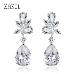 Exquisite Teardrop Cubic Zircon Dangle Earrings for Women Sliver Color Leaf Bridal Wedding Party Jewelry