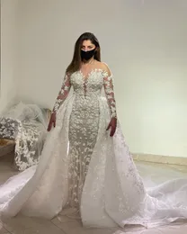 2023 sexy Meerjungfrau Brautkleider Arabisch Luxus Illusion Juwel Hals Voller Spitze Applikationen Kristallperlen Überwachungen plus Größe Custom Brautkleider Langarm