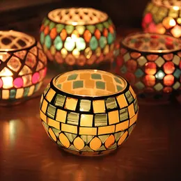 Round Glass Candle Holders Colorful Mosaic Candlestick Christmas Home Table Decoration Ornament