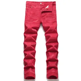 Slim Fit Letter Print Men's Jeans Spring Summer Red Stretch Denim Pants Street Casual Mid-Waist Skinny Trousers Fashion Pantalones