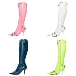 Boots New Women Women Full zip Up Pu Leather High Heel Fashion Buckle Slim Tassel Black Long Knee Point