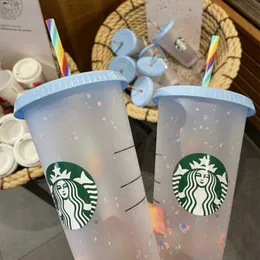 Mugs Starbucks 24oz/710ml Plastic Mugs With Tumbler Mermaid Goddess Reusable Clear Drinking Flat Bottom Pillar Shape Lid Straw Cups mug M7DS